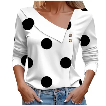 Baltu Polka Dot Print garām Piedurknēm T-krekls Sieviešu 2023 Pavasara Rudens Gadījuma Šķībs Apkakles korejiešu Stilā, T Krekls Sievietēm Top Tees