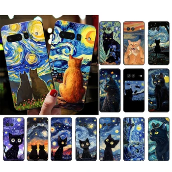 Kaķis Zvaigžņota Nakts Van Goga Telefonu Gadījumā Google Pikseļu 8 7 Pro 7A 7 6A 6 Pro 5.A 4A 3A Pikseļu 4 XL Pikseļu 5 6 4 3A XL