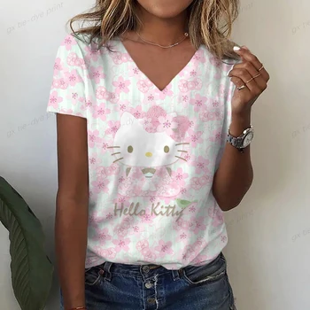 Modes Dāmas T-Krekls HELLO KITTY Print T-Krekls Harajuku Sieviete Tops ar V-veida Kakla Vasaras Y2k Apģērbu ar Īsām Piedurknēm Meitene Kawaii Camiseta