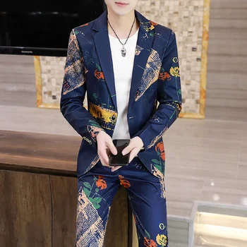 2023-Boutique (Žakete+ Bikses) Vīriešu Modes Biznesa Gadījuma korejiešu Kungs Drukāt Kāzu Elegants Britu Stilā 2-gabals Uzvalks