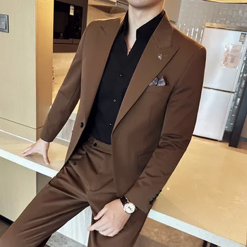 2023 Rudens un ziemas korejiešu versija slim-fit (uzvalks + bikses) stilīgs un skaists, stilīgs divu pogu uzvalks iestatīt vienkrāsainu