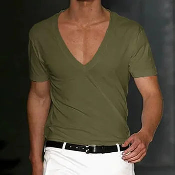 A3169 Vīriešu T-krekls Bikses, Piedurknes Dziļu V-veida Kakla Topi tīrtoņa Krāsu Lielgabarīta Lakrosa Vīriešu Streetwear Brīvs Džemperis T Krekli Pavasarī