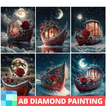 AB Dimanta Krāsošana Rožu Ziedu Laivu Dimanta Izšuvumi Romantisks Ainavu Mozaīku DIY 5D Rhinestone Attēlu Mājas Apdare Dāvanu
