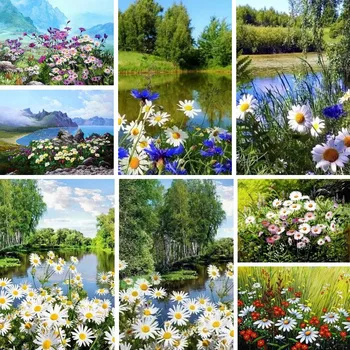 Balti Ziedi Daisy Dimanta Krāsošana Pilnu Kvadrātveida, Apaļas Dimanta Izšuvumi Rhinestone Pavasara Ziedu Upe, Mozaīkas Dimanti