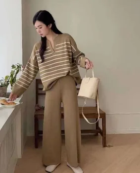 Korejas Modes Gadījuma Adīts Divas Gabals, kas sievietēm Svītrainām garām Piedurknēm Brīvs Džemperis Džemperis + Plaša Kāju Bikses Komplekti Tracksuit