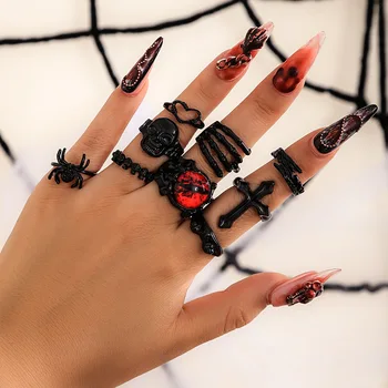 Punk Gothic Tauriņš Čūska Ķēdes Gredzenu komplektu Sievietēm Black Dice Vintage Sudraba Pārklājumu Retro Rhinestone Šarmu Pirkstu Rotaslietas