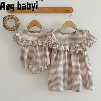 Retro Baby Meiteņu Drēbes Vasarā Meitenes Kleita Izšūta Ar Īsām Piedurknēm Kokvilnas Baby Romper Toddler Princese Kleita Matching Māsa Apģērbs
