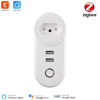 Tuya Smart Zigbee Brazīlija Plug APP Bezvadu Kontroles Tuya Zigbee 3.0 BR Ligzda Alexa Atbalss Balss Kontroles Dual USB Uzlāde