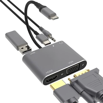 USB C Hub 5 in 1 C Tipa 3.0 Adapteris 4K Saderīgu HDMI VGA USB 3.0 PD Ātrās Uzlādes Sadalītāja Pagarināt Adapteris priekš MacBook Klēpjdators