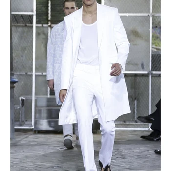 Vasaras Vīriešu Uzvalku Kāzu 2023 Balts Garš Mētelis Bikses Vienotā Krūtīm, Atpūtas Divas Gabals Regulāri Līgavainis Ietērpj Kostīmu Hombre