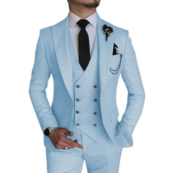 Vēlāk Debesis Zilas Kāzu Vīriešu Uzvalki, Kostīmu Homme Maksimālā Atloks Līgavainis Tuxedos Labākais Cilvēks Balli Žakete 3 Gabals Biznesa Terno Masculino