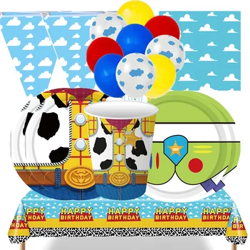 Zilas Debesis, Balti Mākoņi, Rotaļlietu Stāsts Piederumi Vienreizējas lietošanas Galda piederumi Papper Plāksnes Ballon Kausa Bērniem Zēni Dzimšanas dienas svinības Rotājumi
